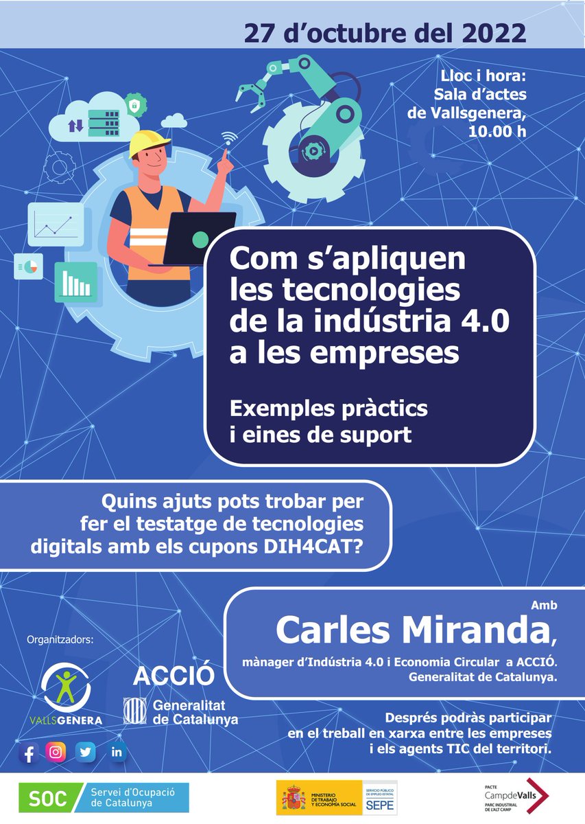 colabscatalunya's tweet photo. Com s'apliquen les tecnologies de la indústria 4.0 a les #empreses? @Vallsgenera t'apropa experiències i recursos per poder-ho fer el pròxim 27/10 a les 10h.

També coneixeràs quins ajuts hi ha per testar tecnologies digitals amb els cupons @DIH4CAT.

🖱️ https://t.co/EWnOExYEbO https://t.co/jXsIWmugEa