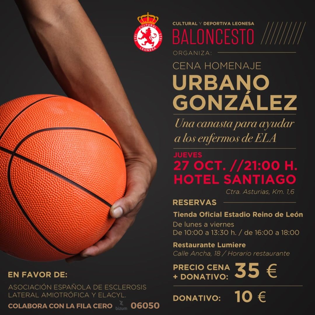 CultuBaloncesto's tweet photo. El próximo jueves 27 de octubre la @CyDLeonesa organiza una cena homenaje a Urbano González y en favor de los enfermos de ELA.

➡️ https://t.co/lHPYnt1vo8

¡Nos encantaría contar contigo!

#AúpaCultu https://t.co/KP0xjt7br1