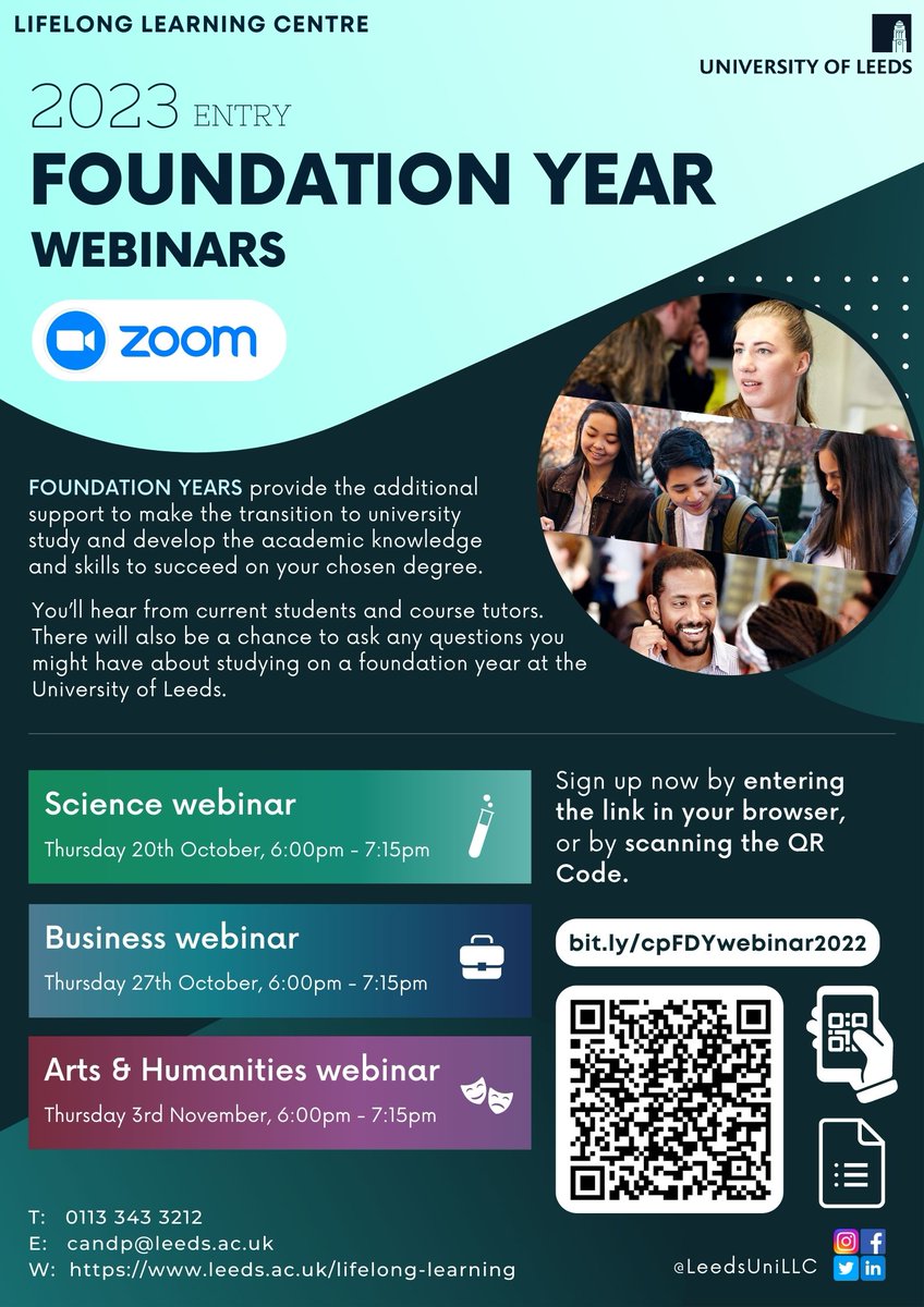 A great opportunity here for students of all ages to attend webinars with the University of Leeds' Lifelong Learning Centre. Learn more about Foundation Years in your area - starting tomorrow with the Science webinar at 6pm! Sign up at bit.ly/cpFDYwebinar20…