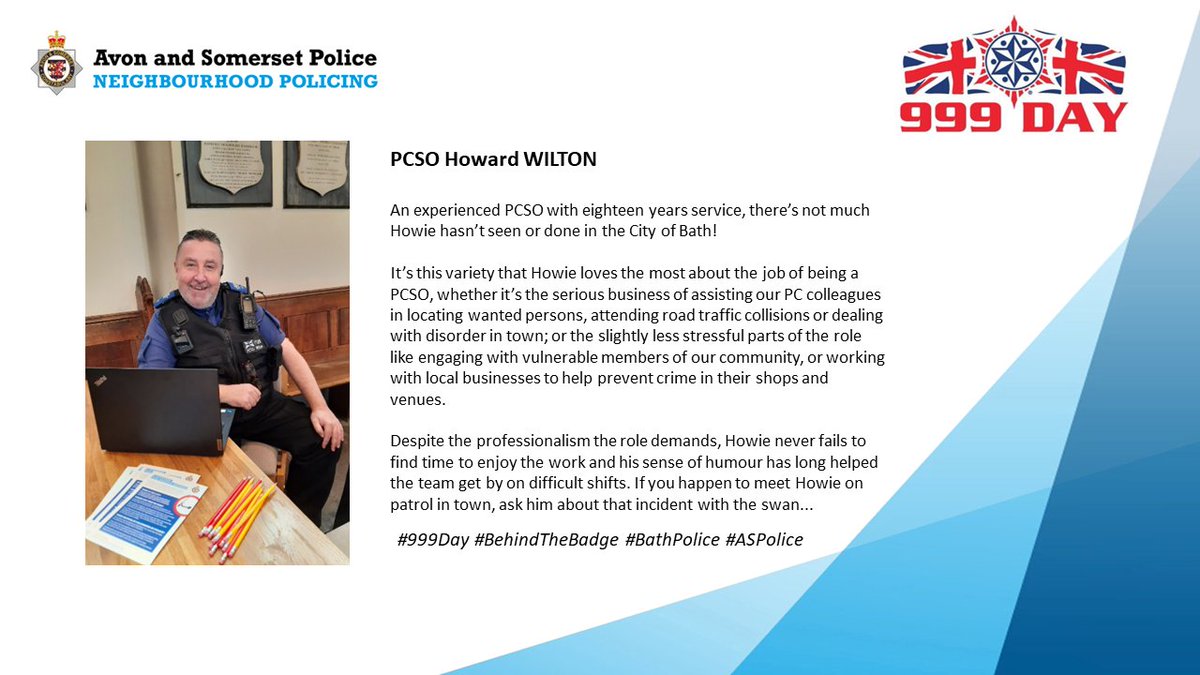 ASPBathNES's tweet photo. Time for another #BehindTheBadge! Up next, PCSO WILTON! #999Day #BathPolice #ASPolice https://t.co/XC5pZJp9rC