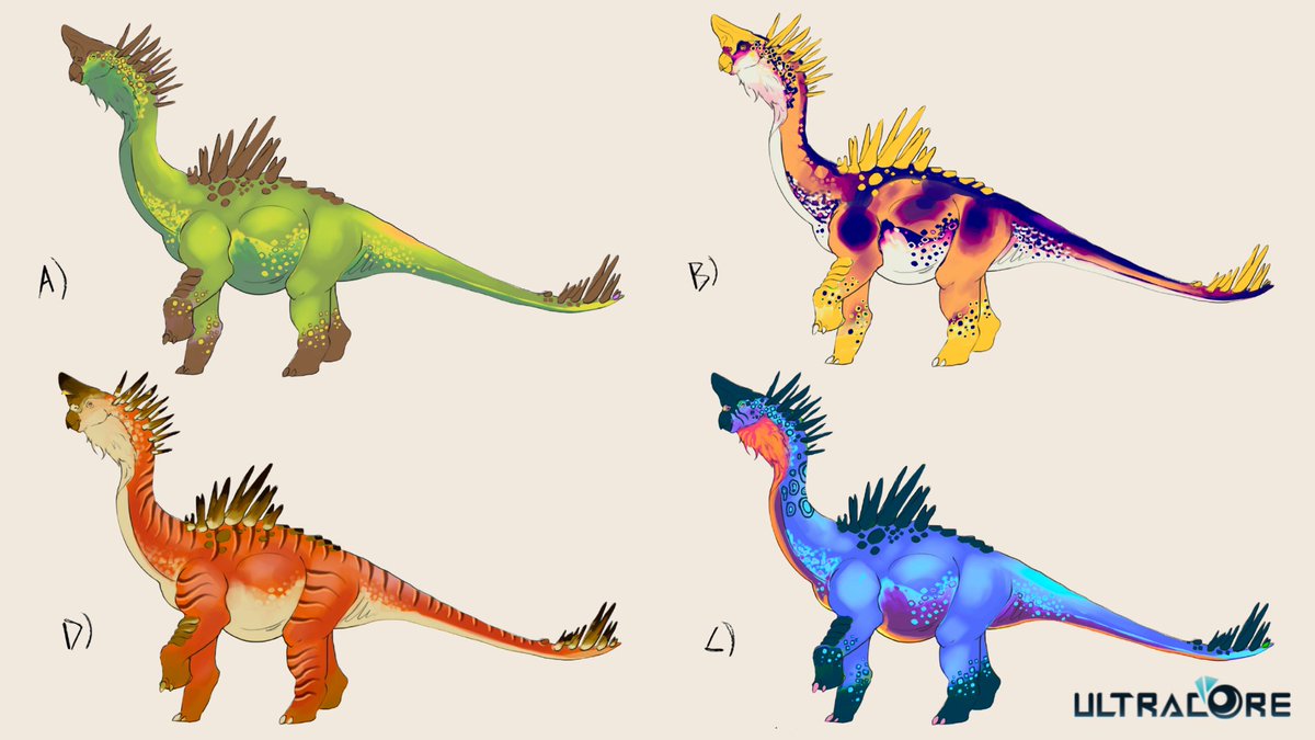 Introducing the Spikodex! Spikodex are a social herd animal that roams the Litikal Plains nomadically in groups of 3 to 4.

But the question is, which coloring do you prefer for this tall friend of the Sauromancers?