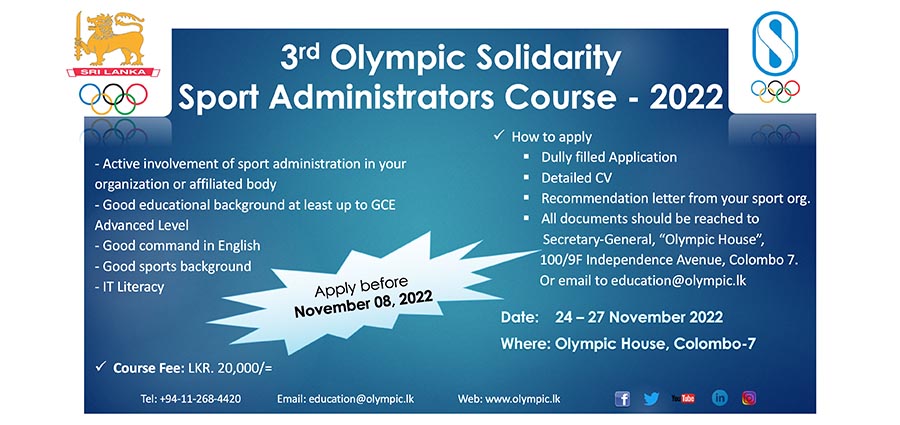 OlympicLK's tweet photo. Application is open for Olympic Solidarity Sport Administrators Course 2022
https://t.co/SBU3VDgA02
#NOCSriLanka #SportAdmin #Education #SportManager https://t.co/j6ncLjFF5H