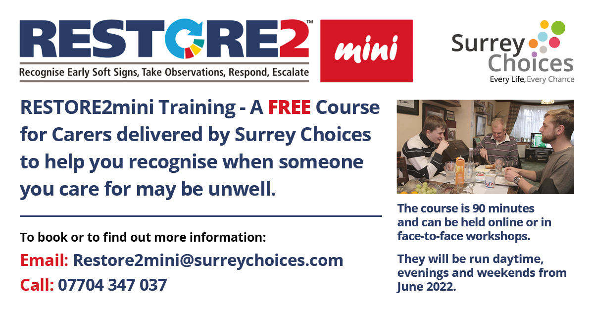 SurreyChoices's tweet photo. RESTORE2mini Training is a free course for Carers delivered by Surrey Choices. 🙌
The aim is to help you recognise when someone you care for may be unwell. Learn more about the course here👇
https://t.co/XmU6meyhHl https://t.co/m3sLyfbYd9