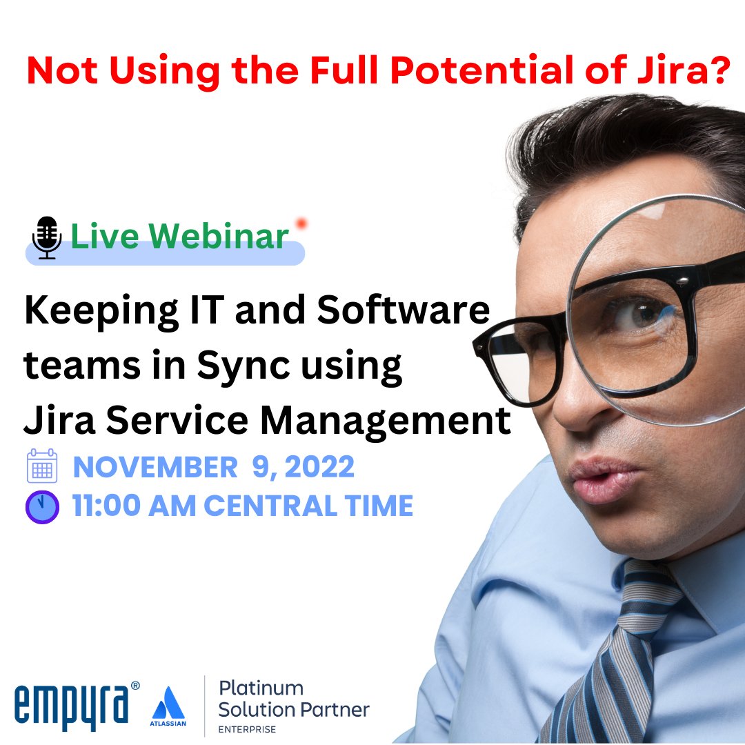 Live webinar - Keeping IT and Software teams in Sync using Jira Service Management. Explore how you can seamlessly connect your ITSM processes with your engineering teams using Jira Service Management and Jira Software. Register Now!! empyra.zoom.us/webinar/regist… #Atlassian #Jira