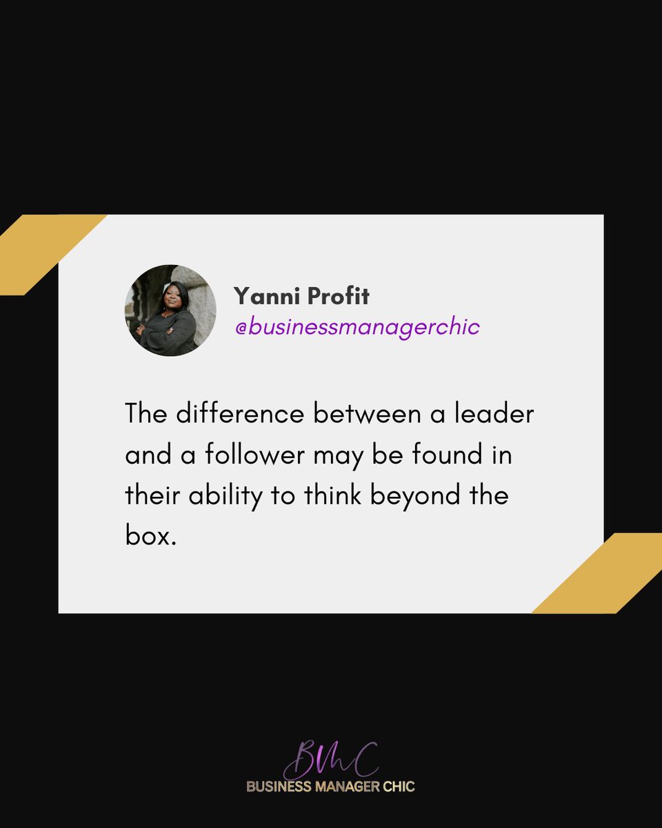 Business_m_chic's tweet photo. Here's what we think:

Leaders are at the forefront of trying new things, followers aren't.

Leaders don't depend on others for their dreams, followers do.

Leaders come up with authentic ideas, followers use those ideas.

#Blackbusinesswoman #blackprofessionals https://t.co/RtyX2iNa0B