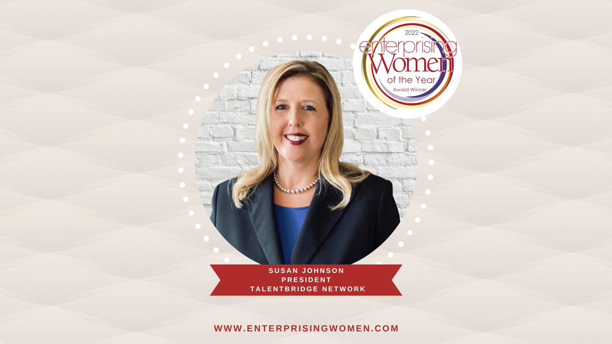 Congratulations to 2022 Enterprising Women of the Year Award winner Susan Johnson, President of <a href="/talentbridgeusa/">Talent Bridge</a>

Read more ➡️ enterprisingwomen.com

#enterprisingwomen #ewawards2022 #SusanJohnson #TalentBridgeNetwork