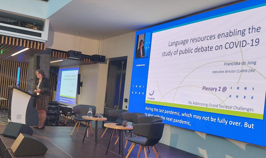 #ICRI2022 Franciska de Jong @CLARINERIC presents how Language resources and tools can help us understand how discussion and perceptions of #COVID19 evolved in our societies.