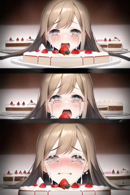 今ケーキ化術式作ってるところなんだけど、予想外にブッ刺さるのがきた。AIクンやっぱ分かってるね。①ケーキと化す自分の身体に泣いている②画面外の誰かから呼びかけられる③「笑って!」の声に応じて精いっぱいの作り笑い#ケーキになんかなりたくない #NovelAI 
