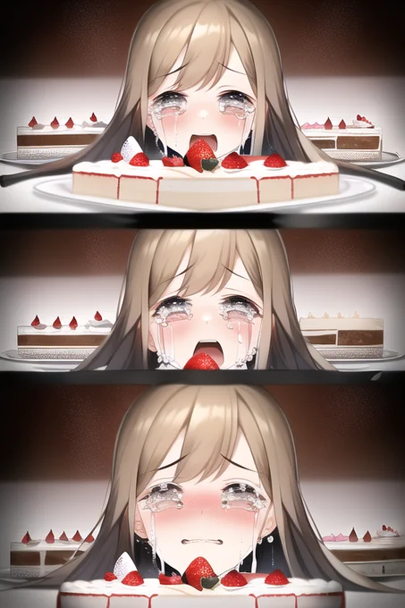 今ケーキ化術式作ってるところなんだけど、予想外にブッ刺さるのがきた。AIクンやっぱ分かってるね。①ケーキと化す自分の身体に泣いている②画面外の誰かから呼びかけられる③「笑って!」の声に応じて精いっぱいの作り笑い#ケーキになんかなりたくない #NovelAI 
