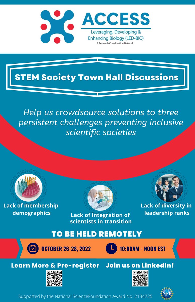 7 days until the ACCESS Town Hall and Think Tank Series!Join us in a series of conversations on any day between 10/26-29th to develop solutions to challenges of inclusivity of scientific societies.Register here for the few remaining seats available: tinyurl.com/ledbio1