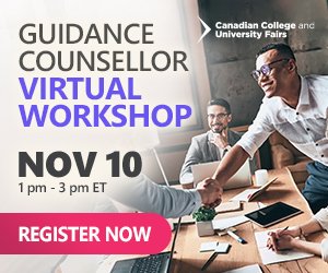 The Canadian Student Virtual Education Fair is taking place on Thursday, November 10, 2022. 

To learn more and register visit: canadianschoolcounsellor.com and follow the link to the virtual workshop.