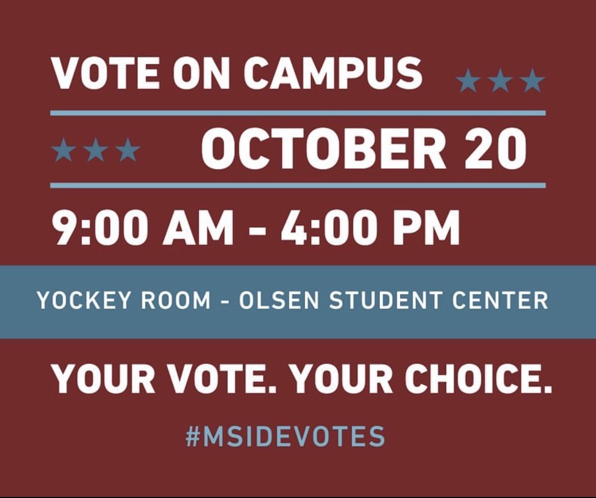 Tomorrow is the day <a href="/MorningsideEdu/">Morningside University</a>! 🎉 
You can vote early, on campus —stop by the Olsen Center 9am-4pm. 🗳
Make sure your voice is heard in this year’s election. 
#MsideVotes #StudentsVote #VoteEarly #VoteReady #Election2022