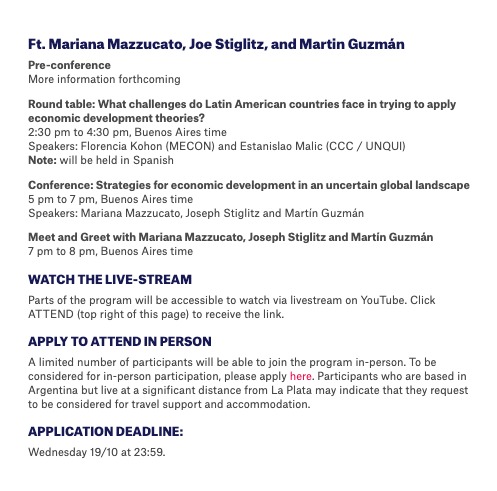 violetaguitart's tweet photo. ⏰Hoy a las 23:59 cierra la inscripción para participar del Meet and Greet con @MazzucatoM, @JosephEStiglitz y @Martin_M_Guzman.
También es el deadline para solicitar financiamiento para viajar desde otras partes del país. 
Más información acá: 
https://t.co/VEnoz9rp2D https://t.co/i2GuAw9g5x