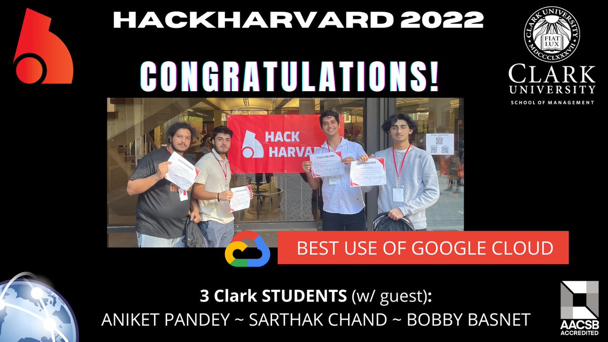CUBSchool's tweet photo. 500 participants ~ 130 teams ~ 20 winners... and CLARK IS ONE OF THEM. 🎉 Congratulations to undergraduate students Aniket Pandey, Sarthak Chand, & grad student, Bobby Basnet, for winning "Best Use of Google Cloud" at the international @hack_harvard competition! #hackharvard https://t.co/c4i1EAFsis