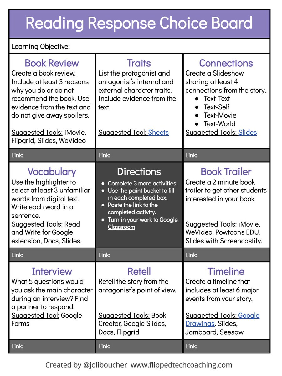 ↪#Reading Response Choice Board from @joliboucher 👀 📥 bit.ly/3TgFlaf #elar #learning #teaching