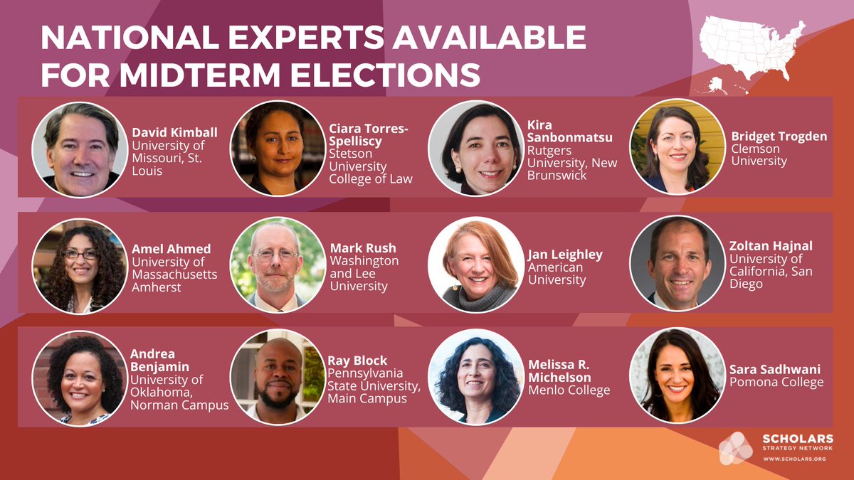 SSNScholars's tweet photo. 📢 With #MidtermElections around the corner, the following university-based experts are available to offer commentary &amp; analysis on a broad range of election-related issues, such as election administration, race and voter turnout, voter education &amp; more.
🔗https://t.co/c9GVc7Ol6R https://t.co/o7onhDIGfU