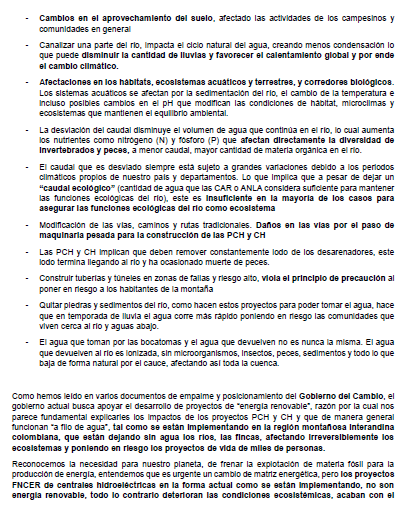 Organizaciones del #EjeCafetero hemos enviado esta carta al gobierno, alertando sobre los nefastos impactos de las PCH en nuestras cordilleras.
Las PCH como se desarrollan en Colombia actualmente no son una opción de #energíarenovable, al contrario acaban con el agua