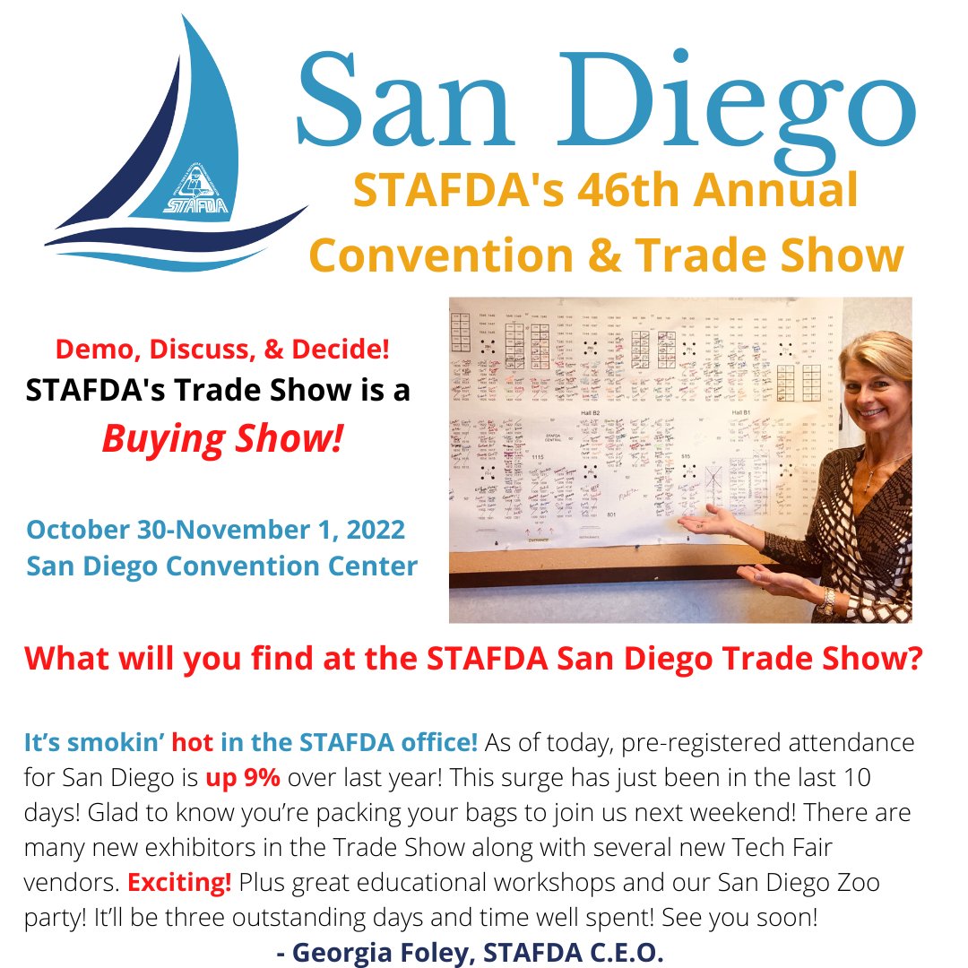 STAFDAHQ's tweet photo. What will you find at STAFDA's San Diego Convention & Trade Show? STAFDA C.E.O., Georgia Foley, says you can expect to see *A LOT* of STAFDA members! #STAFDASanDiego22 #STAFDAHQ https://t.co/i7gxX47wRK