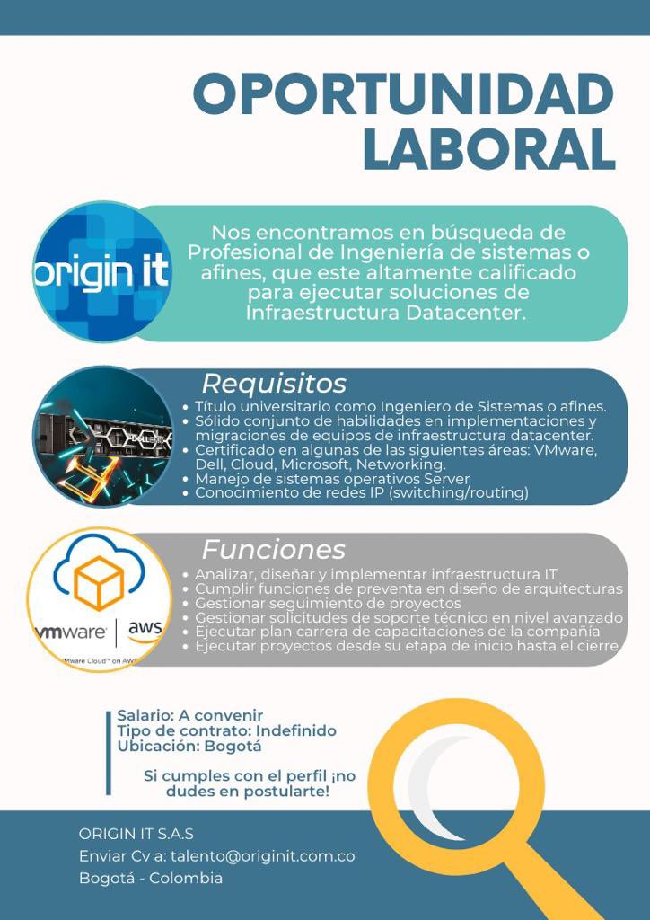 originit's tweet photo. #OportunidadLaboral Haz parte de la familia #OriginIT / Buscamos un profesional de Ingeniería de Sistemas o afín, altamente calificado para ejecutar soluciones de Infraestructura Datacenter. Si cumples con el perfil no dudes en postularte! ⬇️⬇️⬇️ https://t.co/ILNQAQBqbC
