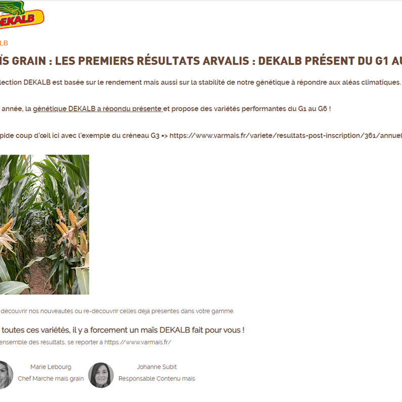 "Cette année, la #génétique DEKALB a répondu présente et propose des variétés performantes du G1 au G6 !" <a href="/Marie_Lebrg/">Marie Lebourg</a>, chef marché #maïs 🌽 grain et @JohanneSubit, responsable contenu maïs

Exemple du créneau G3 ➡️ varmais.fr/variete/result…