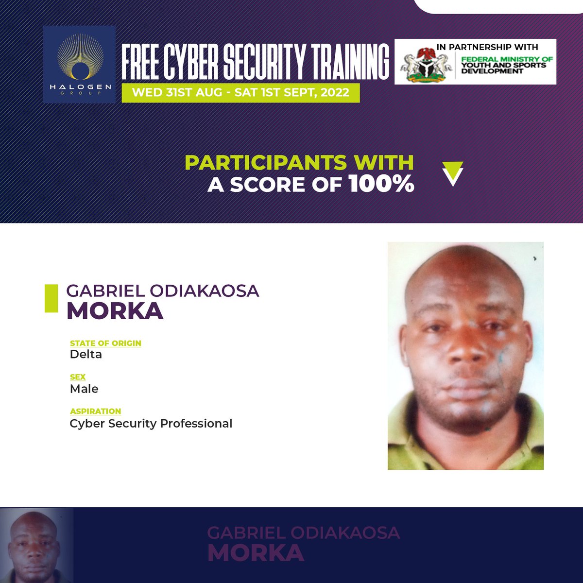 Free Cyber Security Training.

Meet Gabriel Morka, one of the participants with a score of 100%.

👏👏👏👏 

#halogencybertraining  #cyberfmyshalogen