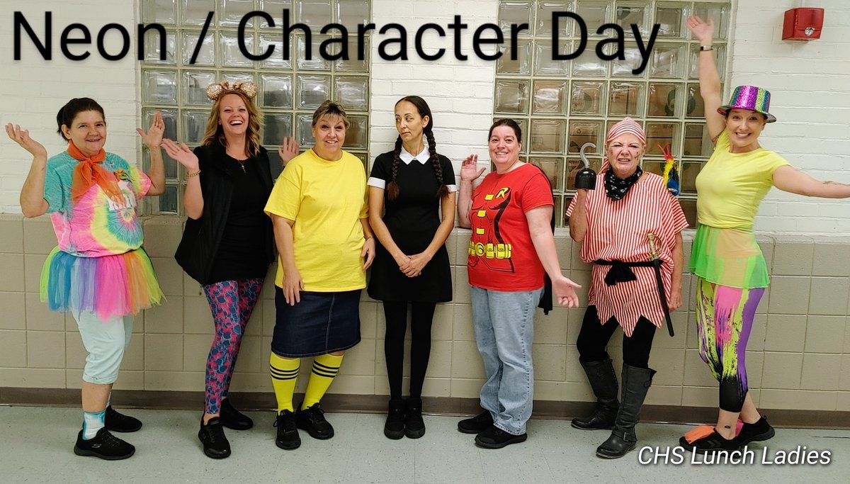 chs_smcps's tweet photo. It will be easy to see our Lunch Ladies today - they are in the homecoming spirit of Neon and Character Day! https://t.co/gIfcQ8TxWr