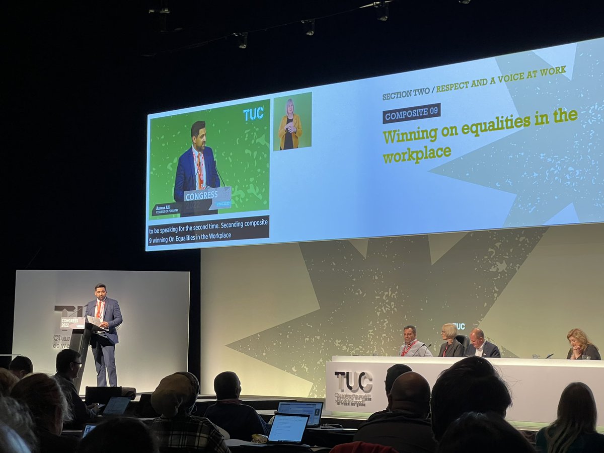 Suepike's tweet photo. Fantastic to see Anwar from the Royal College of Podiatry supporting the Unite motion on equalities in the workplace. #TUC22 #roycolpod https://t.co/i8Jzrl3JYt