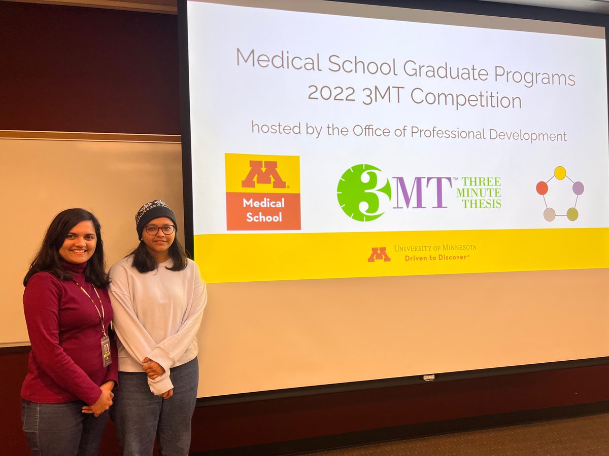 MPaT_PHCL_UMN's tweet image. Big wins for MPaT students Apoorva &amp;amp; Adidti in the 3-Minute Thesis competition. Adidti Bapat took 3rd place🏆! Apoorva Limaye took 1st place🏆 with her talk "Unraveling protein dynamics to facilitate rational drug designing" &amp;amp; moves on to the University-wide competition in Nov.!