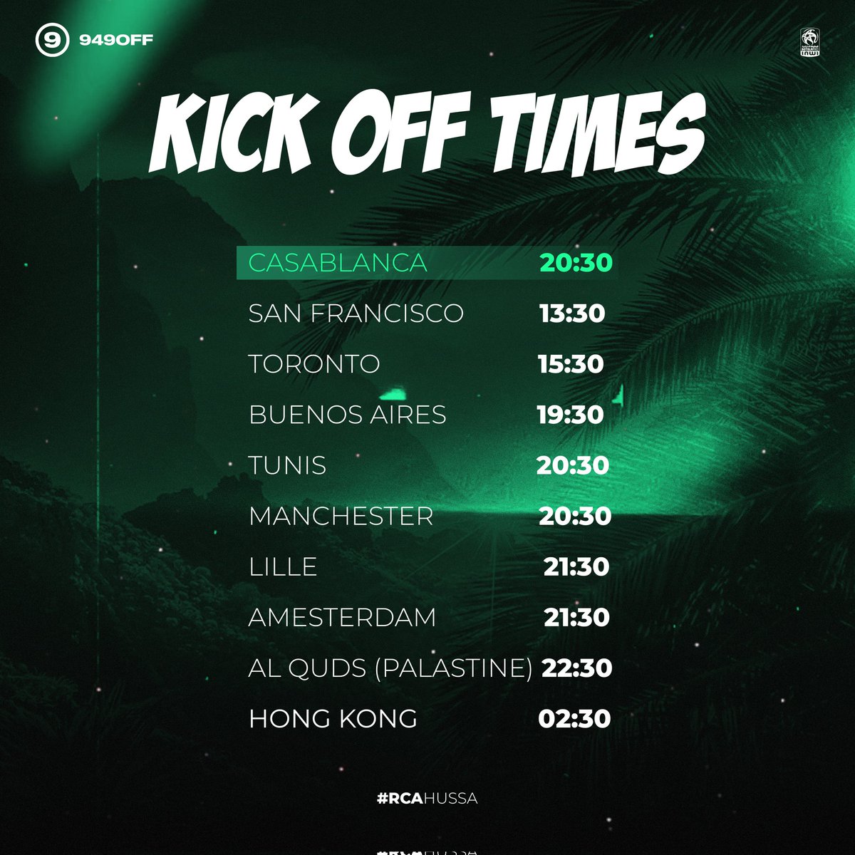 949off's tweet image. The timing of the starting whistle around the globe 🌍 
#RCAHUSA
 #botolaproinwi