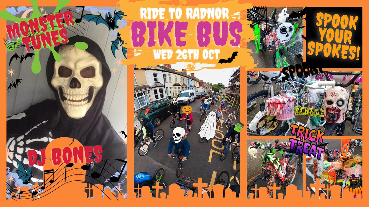 BikeWalkScoot's tweet photo. BIKE BUS: #SpookYourSpokes special edition of the @RadnorCanton #RideToRadnor Bike Bus with DJ Bones! 
📅Wednesday 26th October 
⏳Start: 8:30am
📍Victoria Park Bandstand
Join us on the #MonsterBus to Radnor!🚲💀🎶🎃🛴 https://t.co/VKf4jniIxp