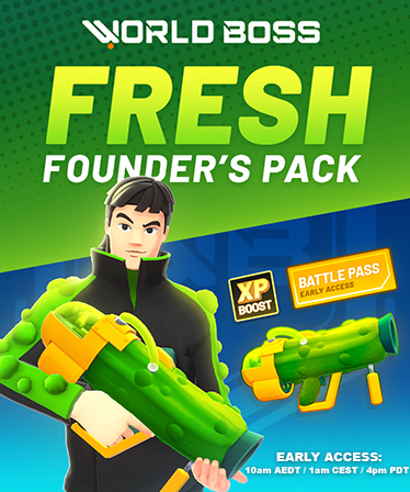 Fresh's tweet photo. I FINALLY GOT MY OWN SKIN!!

Early access for @WorldBoss_io is here soon! We are launching with the FRESH founder's pack. Get the game @Lazarbeam &amp; I created, on STEAM!

Pack Includes:
   - Fresh Skin
   - Moist Rocket Launcher 💦
   - In-game currency
   - Battle Pass + XP Boost https://t.co/ZJaQmhXbiO