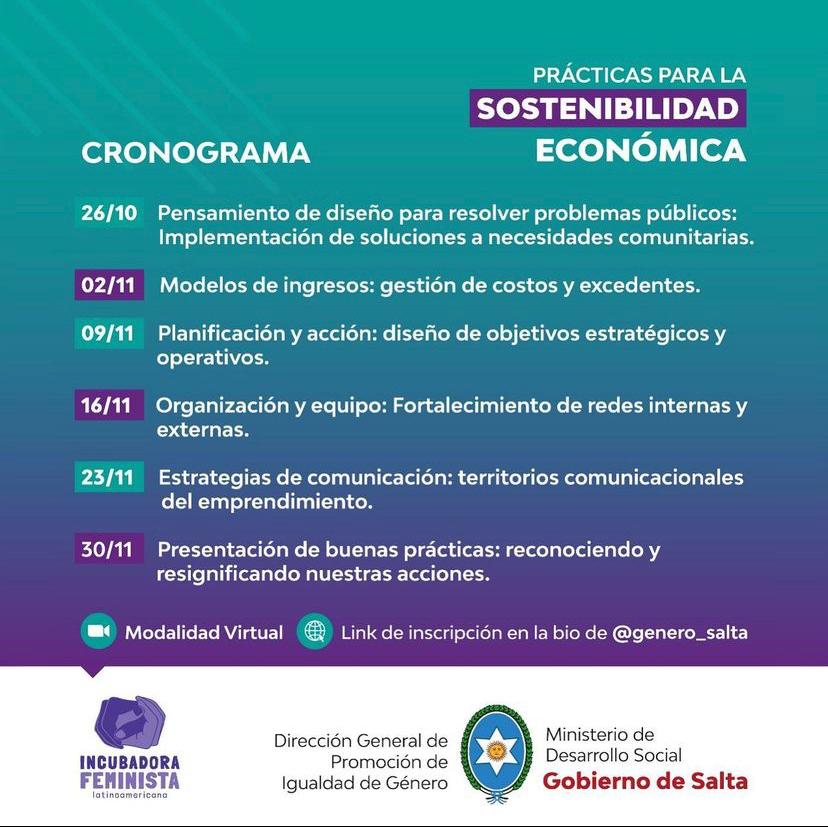 MinDSocialSalta's tweet photo. 🟣 Académicas feministas del país capacitan en Sostenibilidad Económica ⁣

📣Extendimos el plazo de inscripción hasta el domingo 23/10 

+ INFO @Genero_Salta 
https://t.co/ElrHzj22f7 https://t.co/bhqdYM9Ko7