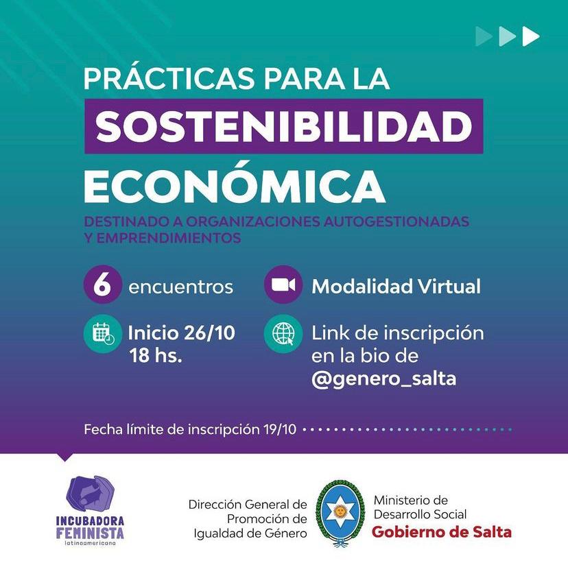 MinDSocialSalta's tweet photo. 🟣 Académicas feministas del país capacitan en Sostenibilidad Económica ⁣

📣Extendimos el plazo de inscripción hasta el domingo 23/10 

+ INFO @Genero_Salta 
https://t.co/ElrHzj22f7 https://t.co/bhqdYM9Ko7