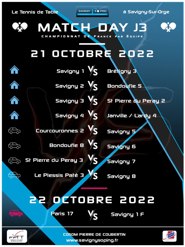 savignysoping's tweet photo. 🗓️ Ce vendredi 21/10 et samedi 22/10, les équipes du Savigny So Ping joueront pour le compte de la 3ème journée du championnat de France par équipes.
https://t.co/YkUAmkvxsZ
#SavignySoPing #SavignySurOrge #tennisdetable #ping #club #sport #cdtte91 #ffttidf #FFTT #programme https://t.co/5BdZqvVqtU