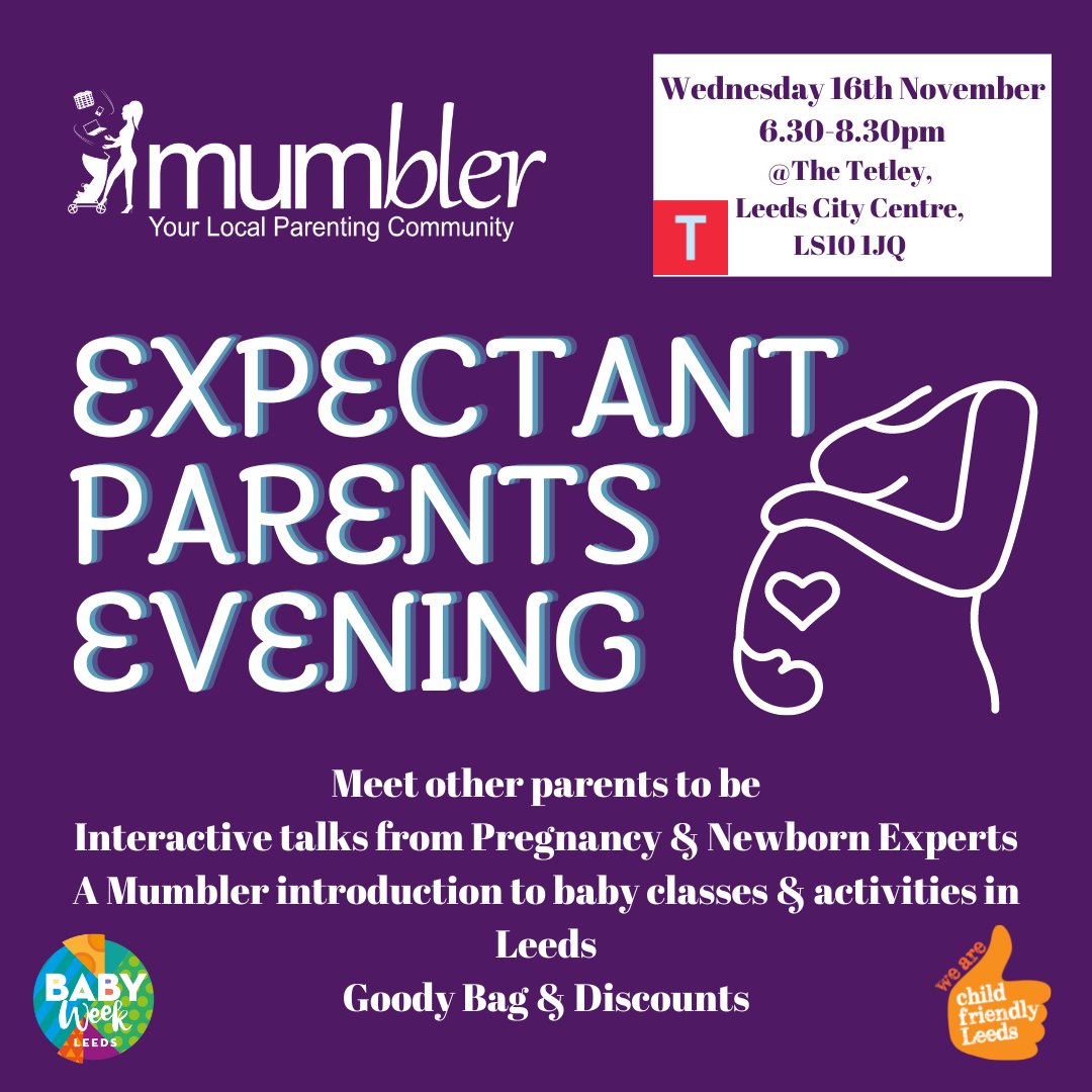 Are you expecting? Come along to our FREE event during <a href="/BabyWeekUK/">Baby Week UK</a> for expert talks, an introduction to baby classes &amp; groups and of course to meet other parents! More information available here- southleeds.mumbler.co.uk/event/expectan… 
#leeds <a href="/Child_Leeds/">Child Friendly Leeds</a>