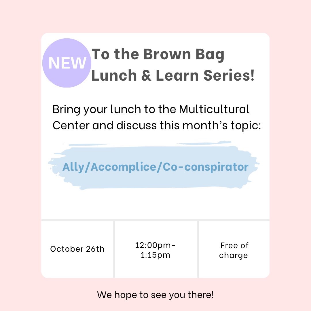 purchasemcc's tweet photo. The Lunch and Learn series is a discussion group centering around things having to do with equity, justice, inclusion and allyship. The topic this month is Ally/Accomplice/Co-conspirator. For more information search “lunch and learn” on the purchase website:) https://t.co/O11Yvdfdls