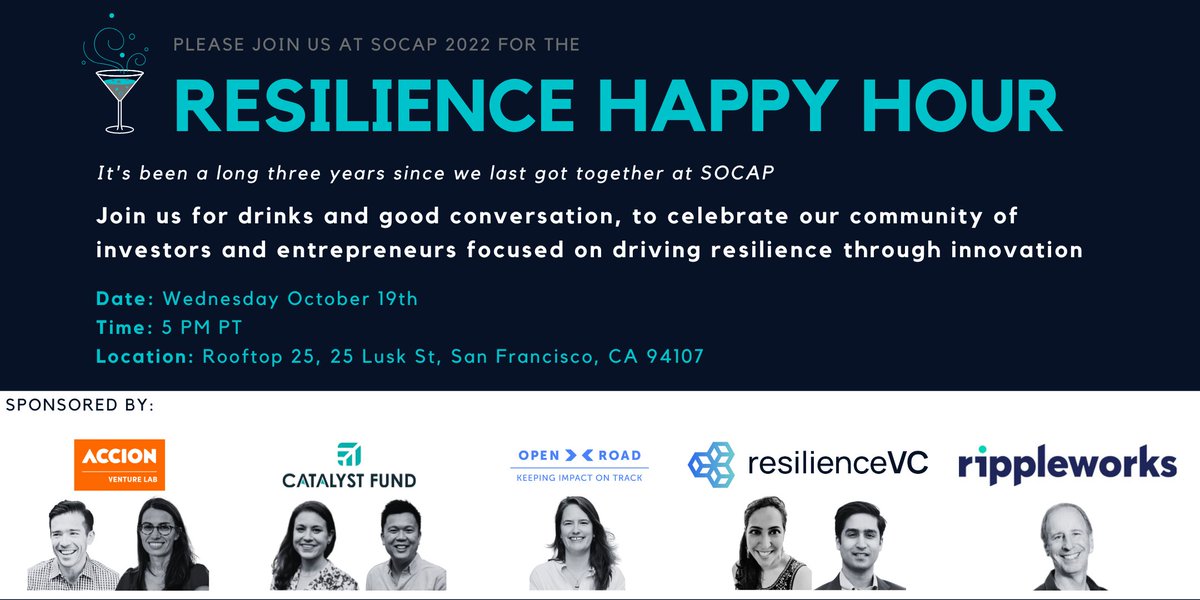 If you're at #SOCAP22 or part of the innovation and resilience economy in San Francisco, please join <a href="/tahiradosani/">Tahira Dosani</a> and <a href="/VikasRaj1/">Vikas Raj</a> along with <a href="/TheCatalystFund/">Catalyst Fund</a>, <a href="/OpenRoadTweets/">Open Road Alliance</a>, <a href="/AccionVLab/">Accion Venture Lab</a>, and @RippleworksOrg for drinks this evening #resilience