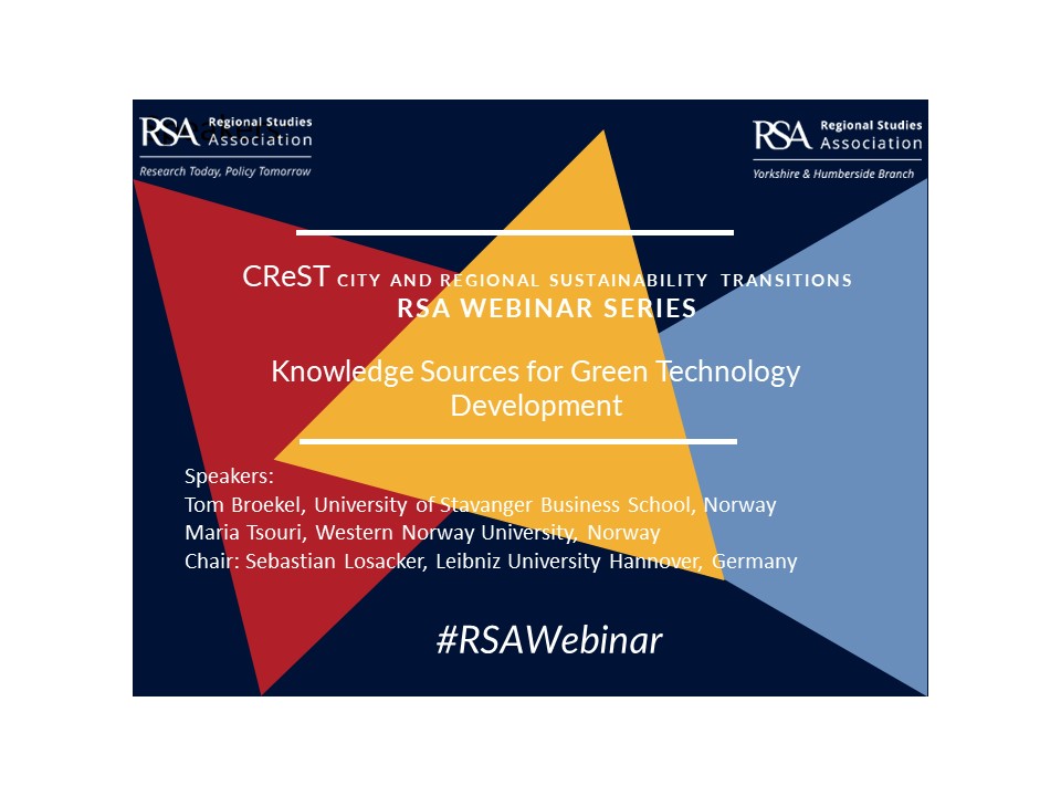 The next CReST webinar is taking place on Thursday 20th October at 12pm BST/1pm CEST Knowledge Sources for Green Technology Development. Register here: bit.ly/3EzQn69 #RSAWebinar