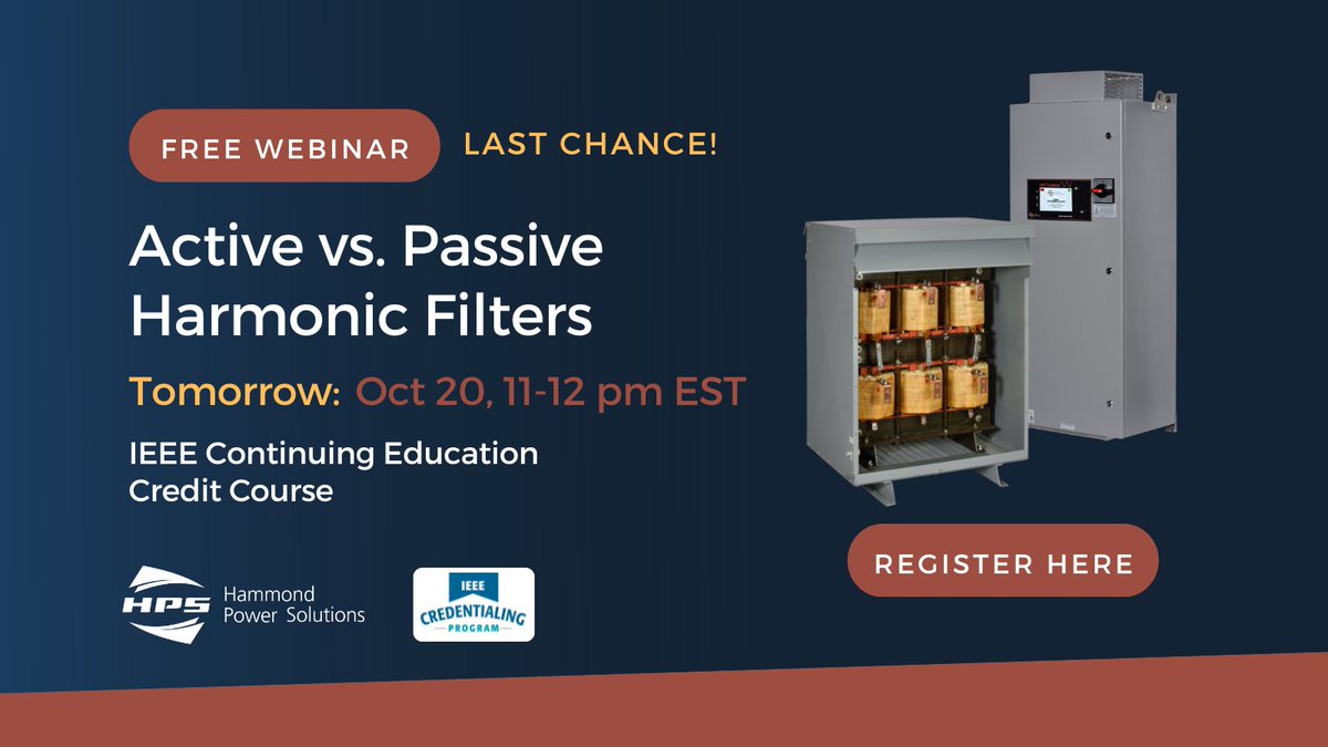 HPS_LA's tweet image. It’s the last day to register for the free webinar and IEEE Continuing Education Credit course on active vs. passive harmonic filters. ow.ly/TOz850KPAvS

#powerquality #activefilters #passivefilters #harmonicfilters