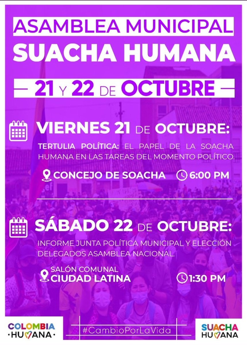 Este fin de semana la Soacha Humana estará realizando su Asamblea Municipal.
Viernes 21: Tertulia para la construcción de la Declaración Política.
Sábado 22: Informe y tareas; elección de delegados a la Asamblea Nacional.

<a href="/ColombiaHumana_/">Colombia Humana</a> <a href="/Eclides3/">Euquico</a> <a href="/delmarpizarro/">Mar Pizarro</a> <a href="/GloriaFlorezSI/">Gloria Flórez Senadora</a>