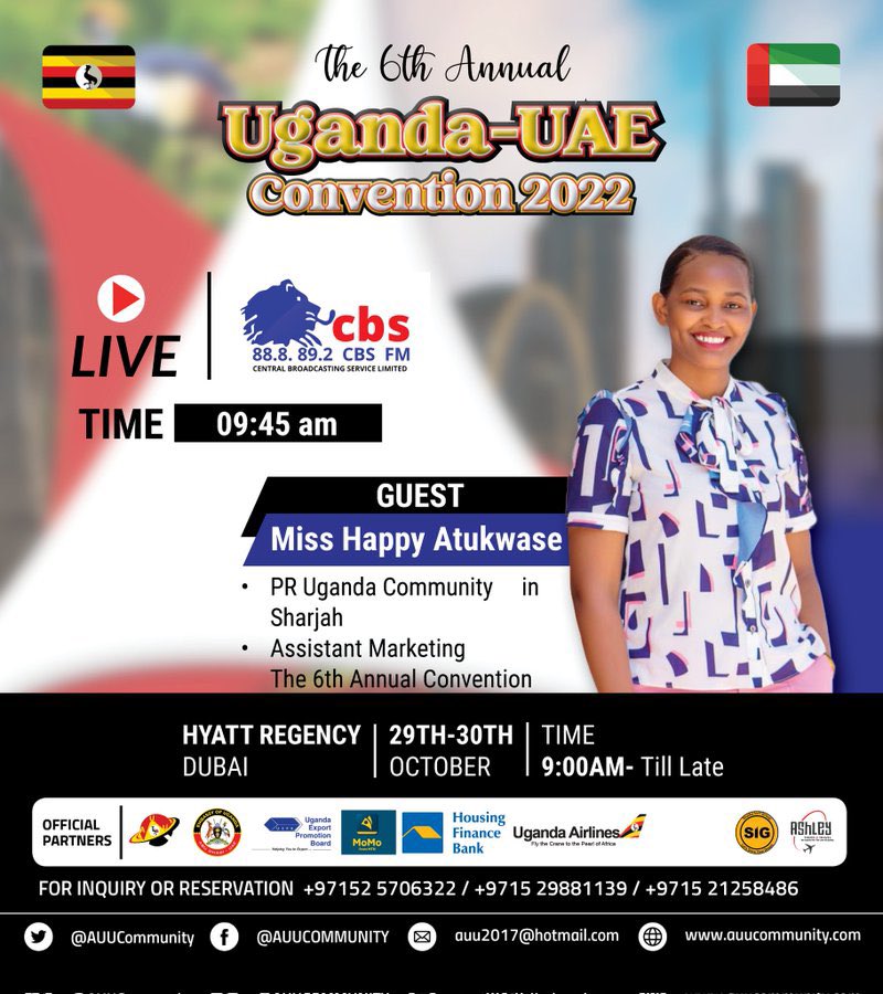 Let’s all tune in tomorrow Tomorrow at 9.45am on @cbsfm_ug as @happyatukwase talks about everything we need to know about the #UgandaUAEConvention2022 which is scheduled for 29th and 30th of this month at Hyatt regency hotel in Dubai