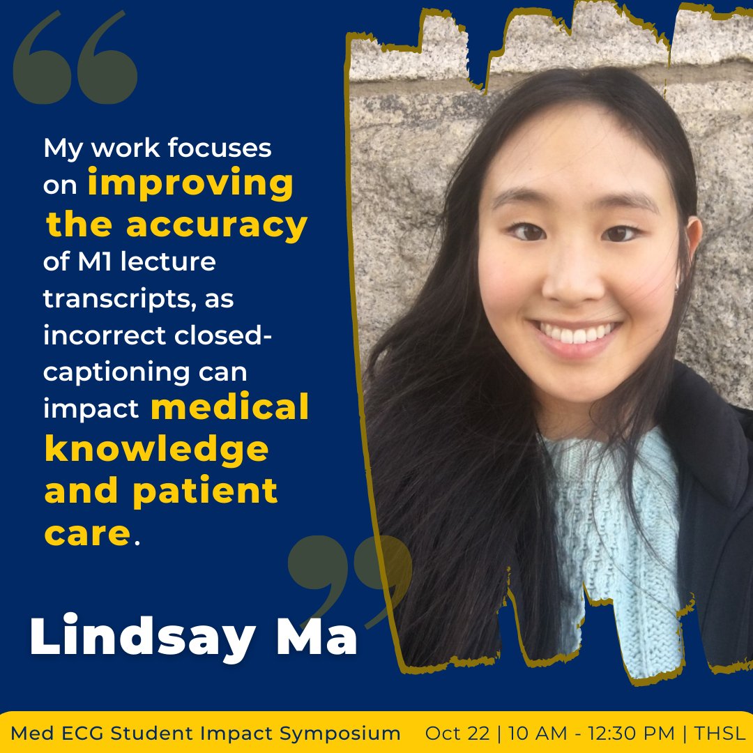 UMMSMedECG's tweet photo. Lindsay has been working on the Transcription Accuracy Project to correct transcription errors in medical didactics and improve understanding of challenging material. Excited to hear Lindsay present on Saturday at the Student Impact Symposium! https://t.co/wRqM4bSIuR