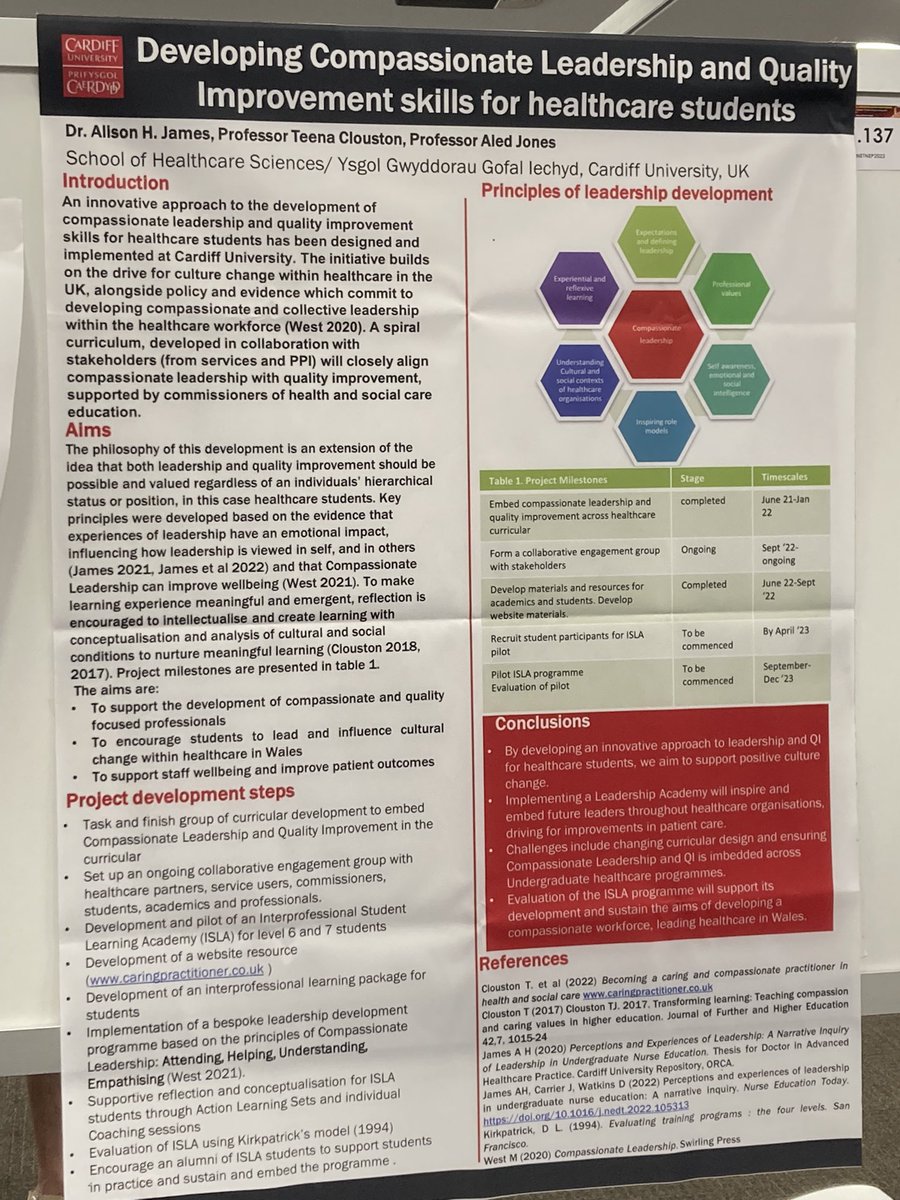 alisonjofAber's tweet photo. Poster is up and itβs great to share the development of #compassionate #leadership in @CUHealthSci with colleagues at #NETNEP22 @TeenaClouston @carrierjak https://t.co/LMRx7RdzVY