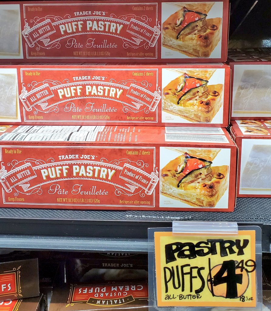 Grab some ALL BUTTER puff pastry from Trader Joe's if you have the chance. I believe it's a seasonal item and when it's gone it's GONE! 

The quality is great, and the price is right. I HIGHLY recommend it