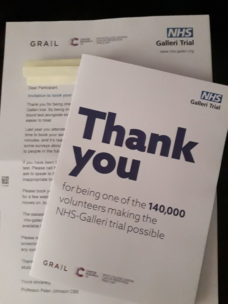 Well its here on my door, after only saying about it earlier!  My invite to my 2nd wave of bloods for the NHS Galleri Trial.  Nice having A Big Thank You as well for us 140,000 taking part and writing a new chapter in the fight against early  cancer detection.  Now to book!