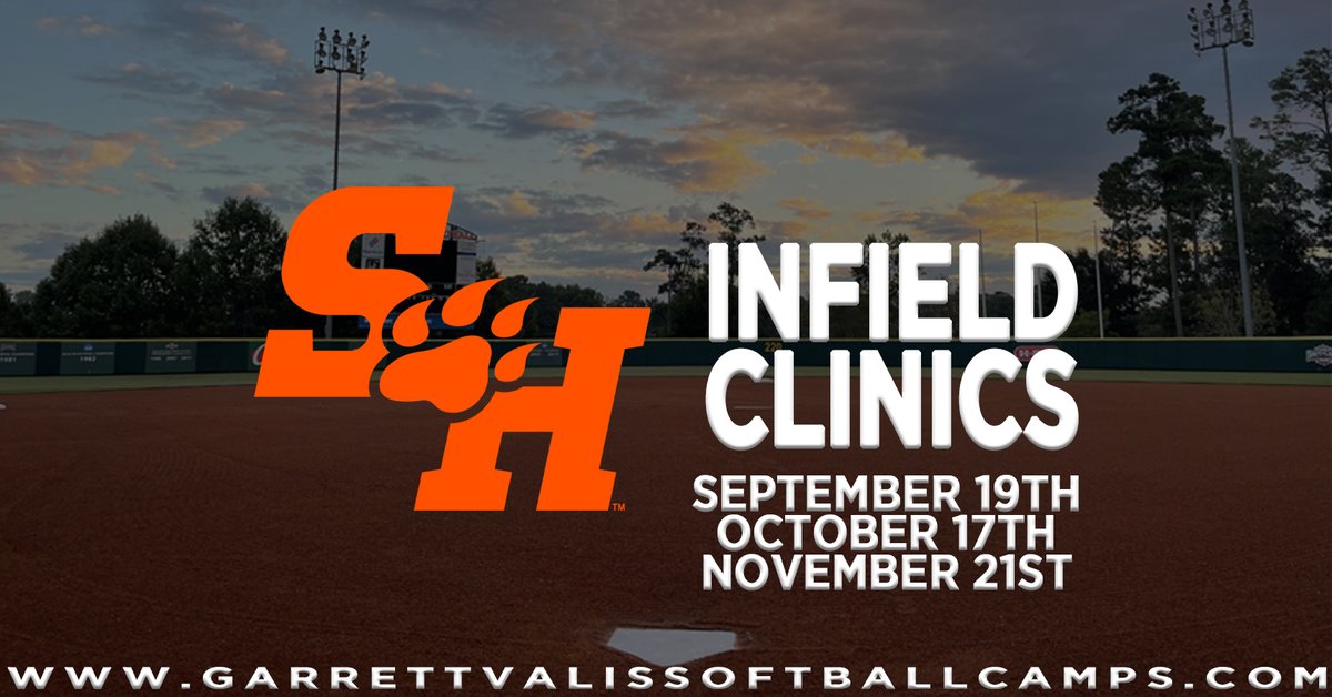Several camps and clinics upcoming at Bearkat Stadium. Register before spots fill, spots are limited. Nov 14- Hitting Clinic Nov 21- Pitching and Infield Clinic Dec 3- Elite Camp (Now Open) Register at garrettvalissoftballcamps.com #EatEmUpKats #KatClinicsCamps