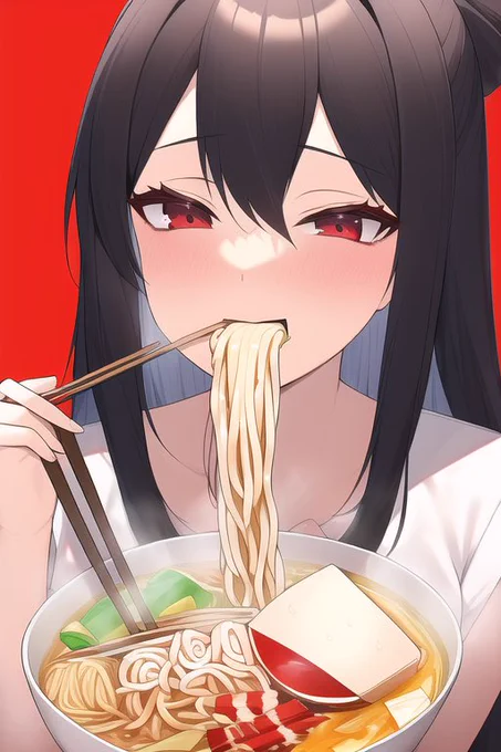つまり、nsfwを外して、アヘ顔だけにすれば良い

「Idol Eating Ramen,(((ahegao))) 」

ラーメンを食うアイドル、アヘ顔!!!

美味そうに食うようになったー!!
血が滴ってるのは見なかったことにして 