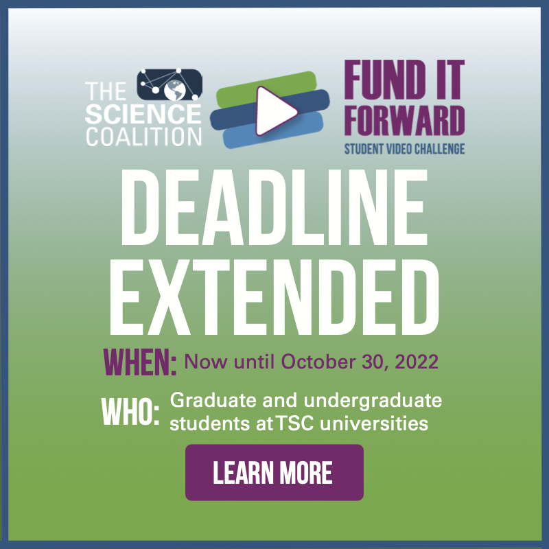 Deadline Extended to 10/30: The Science Coalition’s #FundItForward Student Video Challenge is open! Students, share why federal investment in science and research is important to you – you could win a cash prize. Details here: bit.ly/3AI5QNZ #ThankstoScience #FundScience