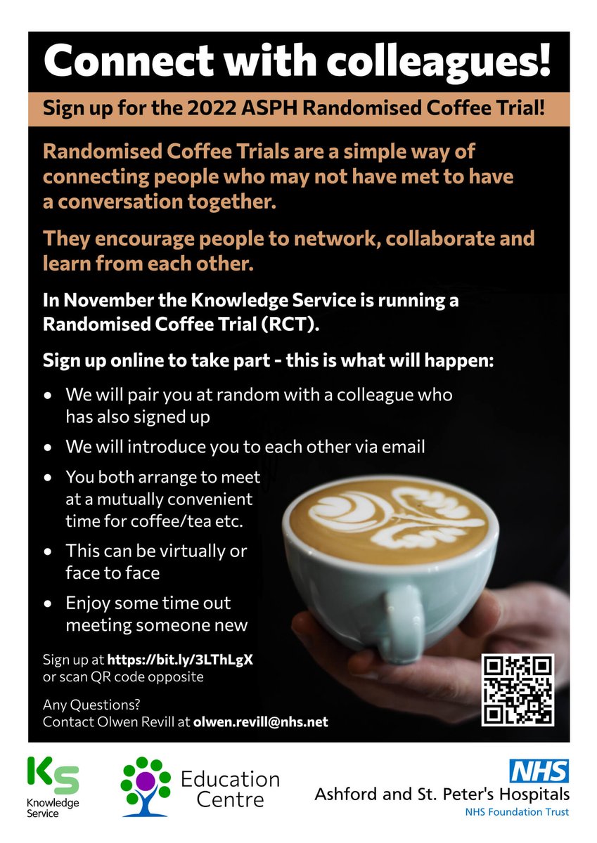 OlwenRevill's tweet photo. Sign up to the next Randomised Coffee Trial @ASPHFT Open to all staff as an opportunity to meet someone new, share ideas and learn from each other 😀
Sign up here https://t.co/ClQiALW7E2 by 27 October and arrange to meet during November 
#RandomisedCoffeeTrial #Collaboration https://t.co/kwSy24x17z