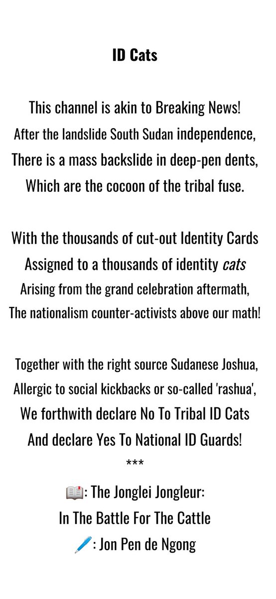Jonnypenny's tweet photo. Disappointed that events predicted earlier on, e.g. in this poem, are being fulfilled be4 the mother books are launched!
Today, what's happening in our country #SouthSudan in general and community in particular was captured in this #ScreenshortPoetry in 2013 i.e. #IDCats.
#SSOT https://t.co/qmCSDfx0jV